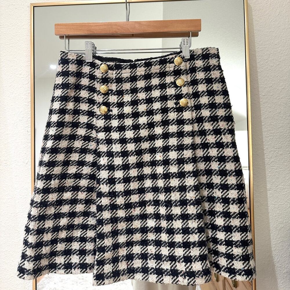 TALBOTS Tweed Black/White Check Skirt 6 M Houndstooth Holiday Double Breasted